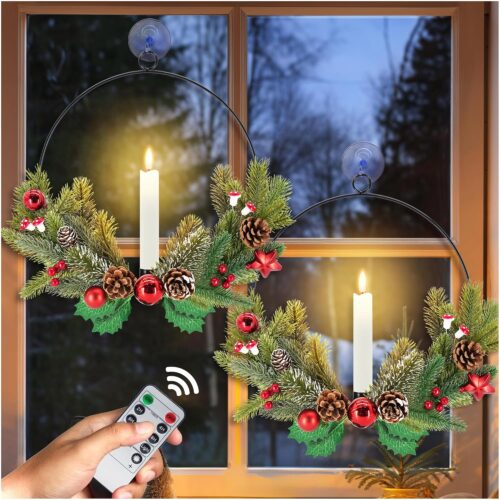 2Pack Christmas Wreaths for Front Door with LED Taper Candles