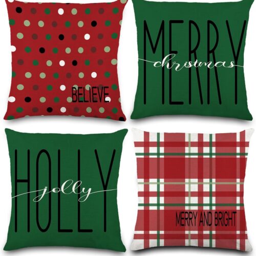 4pcs Christmas Pillow Covers 18 x 18 Inch Red Green Plaid Dot