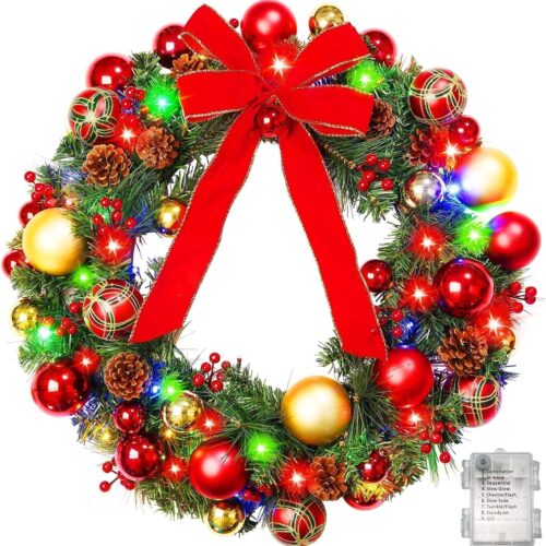 24 Inch Prelit Christmas Wreaths with 60 Lights for Front Door