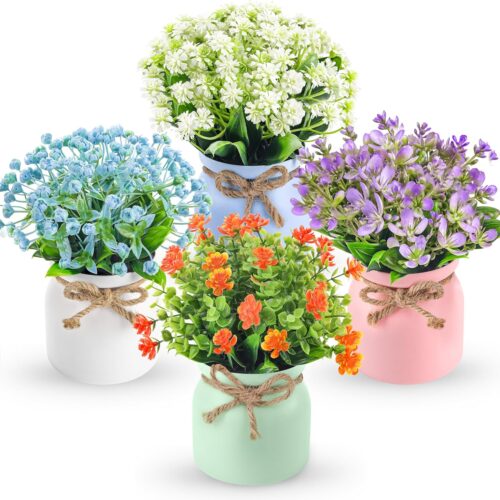 4 Pack Fake Plants Artificial Potted Flowers Plants Indoor