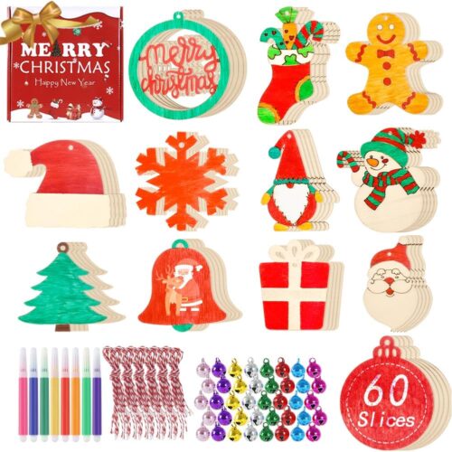 60pcs Wooden Christmas Ornaments with 12 Styles