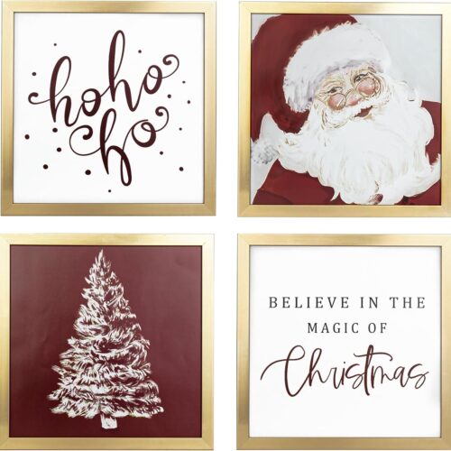 Framed Christmas Wall Art, Santa Claus Christmas Wall Decor, 4 Pack 10x10 Inch