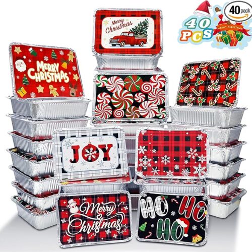 40 Pieces Christmas Foil Containers with Lids,9 Holiday Designs