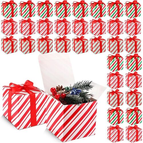 48 Pcs Christmas Gift Boxes with Lids 4 x 4 x 4 Inches Candy Cane Stripe Box with Red Ribbons