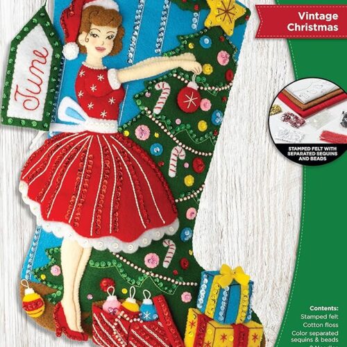 Felt Applique 18" Stocking Making Kit, Vintage Christmas
