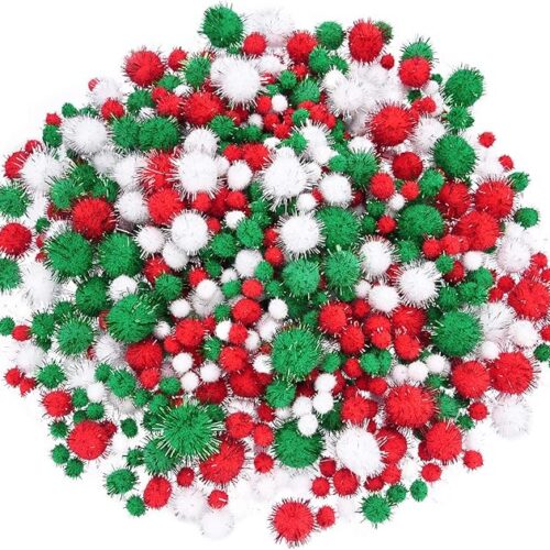 Christmas Pom Poms Pompoms Red Green White Glitter Fluffy Balls