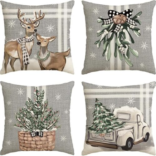Christmas Tree Reindeer Truck Stripes Gray Throw Pillow Covers, 18 x 18 Inch