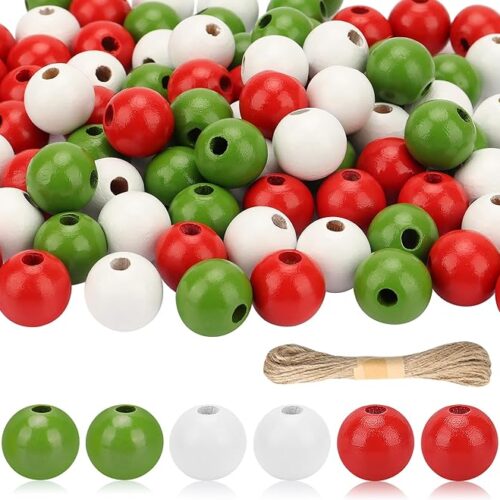 210Pcs Christmas Wooden Bead, Red White Green Wooden Beads DIY Crafts Kits