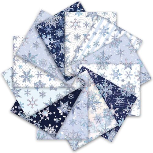 12Pcs Winter Cotton Fabric Bundles Blue Purple Snowflake Fat Quarter Xmas