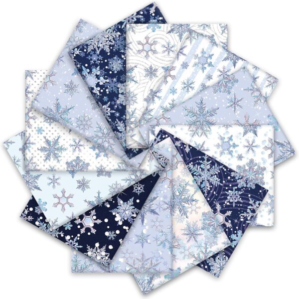12Pcs Winter Cotton Fabric Bundles Blue Purple Snowflake Fat Quarter Xmas 1