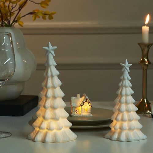 1 2 Pack Lighted Porcelain Christmas Tree with Star, Matte White Small Table Centerpiece