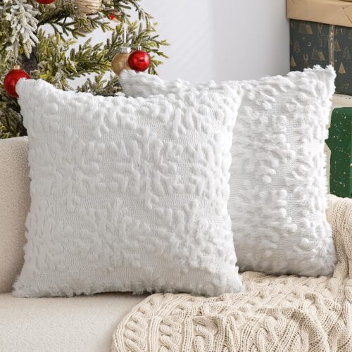 1 Pure White Throw Pillow Covers Set of 2 Christmas Snowflakes Decorative Pillow Covers 18x18 Inch