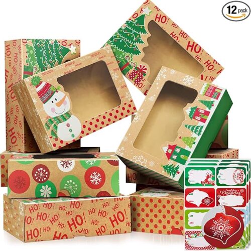 12 Christmas Cookie Boxes -Large Kraft Holiday Bakery Food Container