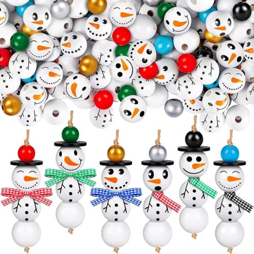 1 150PCS Christmas Snowman Wooden Beads, Christmas Wooden Beads with Twine Scarf