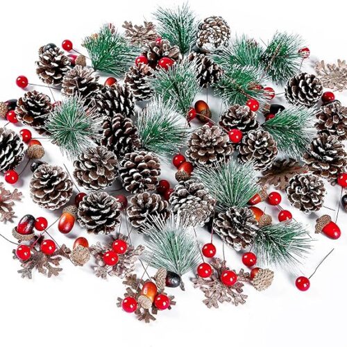1 120 Pcs Artificial Pine Cones Pine Needles Artificial Red Holly Berries
