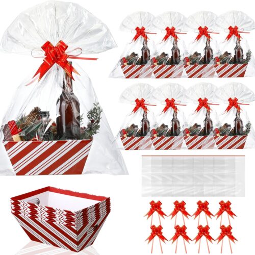1 4 Pcs Christmas Candy Cane Striped Gift Baskets 8" x 10" for Gifts