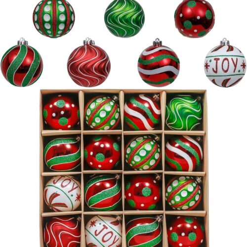 1 Christmas Ornaments Set, 16ct Red Green White Shatterproof Christmas Tree Decorations