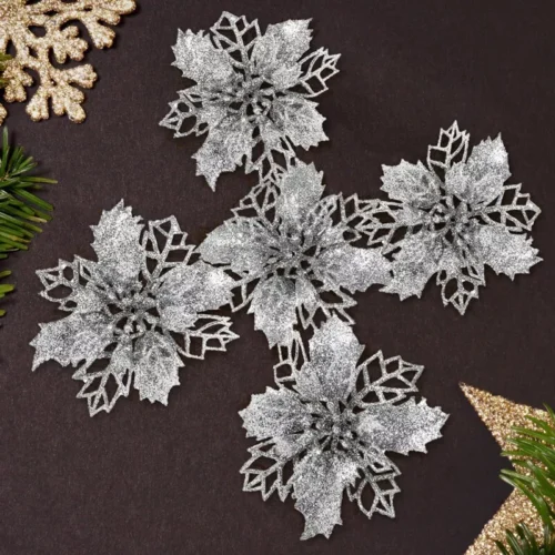 1 10Pcs Glitter Christmas Poinsettia Hanging Flowers Xmas Party Tree Decoration US