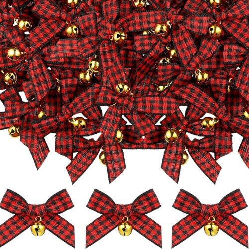 1 50 Pieces Christmas Bow with Bell Mini Plaid Bows