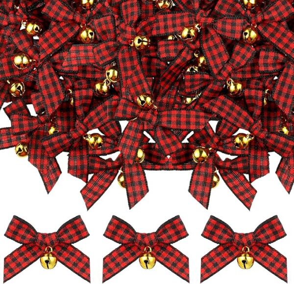 50 Pieces Christmas Bow with Bell Mini Plaid Bows 1