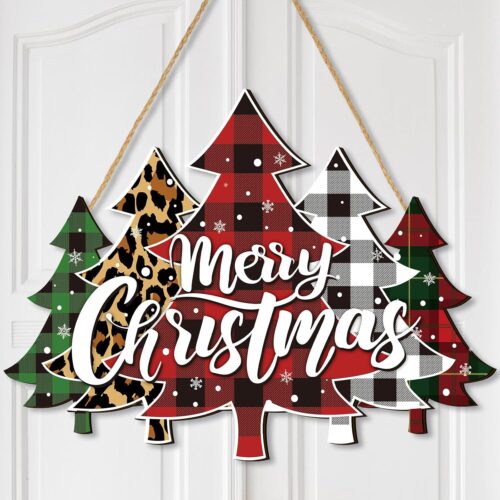 1 Merry Christmas Door Sign Buffalo Plaid Tree Wood Decor (Tree Style)