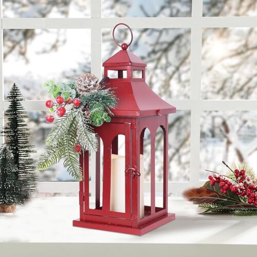 1 Metal Hanging Candle Holder with Xmas Teardrop Wreath and LED Candle for Table Centerpieces