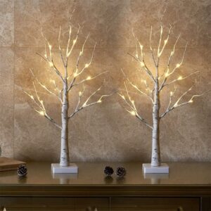 2Pack 24 LED Battery Operated/USB Tabletop Mini Artificial White Trees