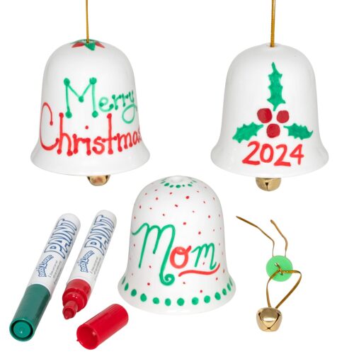 1 Christmas Crafts - Design Your Own Porcelain Bells All Materials Included, Green,Red, Set of 3