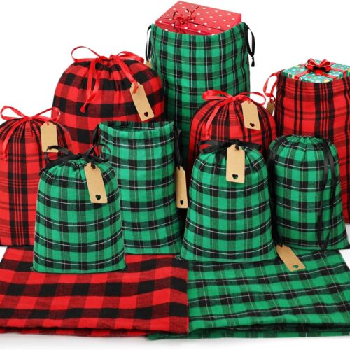 1 Fabric Christmas Gift Bags Assorted (Large 20in, Medium 16in, Small 12in), 9pcs