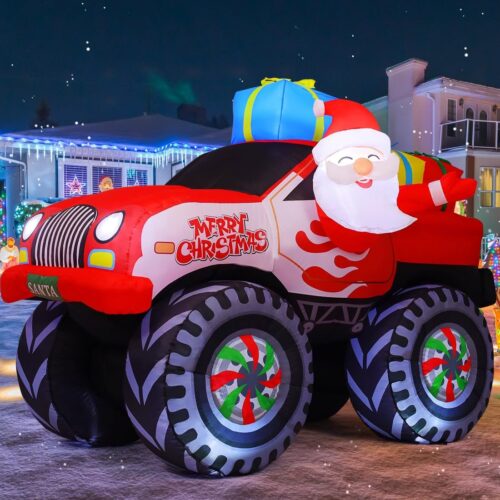 1 7.5 FT Length Christmas Inflatables Truck Outdoor Decoration Blow Up Santa Claus with Presents on Truck with Built-in LEDs