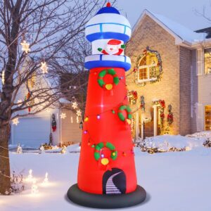 Christmas Inflatable Lighthouse Decorations, 10FT Giant Blow Up Beacon with Santa Claus Built in Colorful LED Bulbs