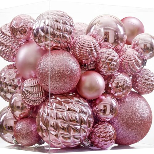 1 36pcs Shatterproof Christmas Tree Decorations with Hanging Loop 6 Styles in 3 Sizes(Pink)
