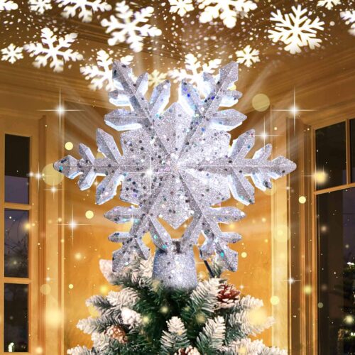 1 Christmas Tree Topper Lighted with LED Rotating Silver Snowflake Decorations