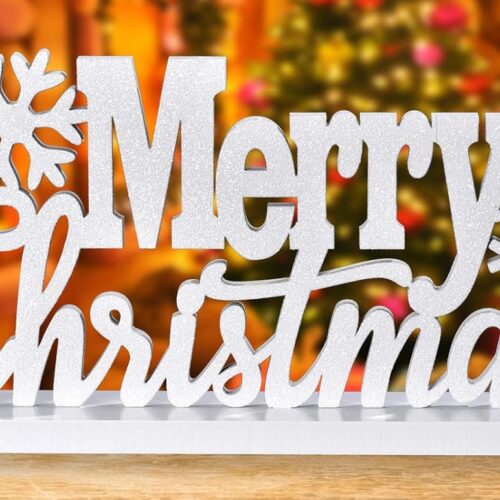1 Wooden Merry Christmas Tabletop Decor, Elegant Merry Christmas Wood Cutout with Glitter
