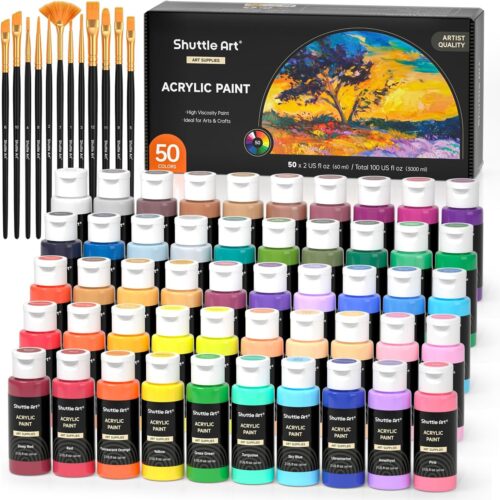 1 crylic Paint, 50 Colors Acrylic Paint Set, 2oz/60ml Bottles, Rich Pigments, Water Proof