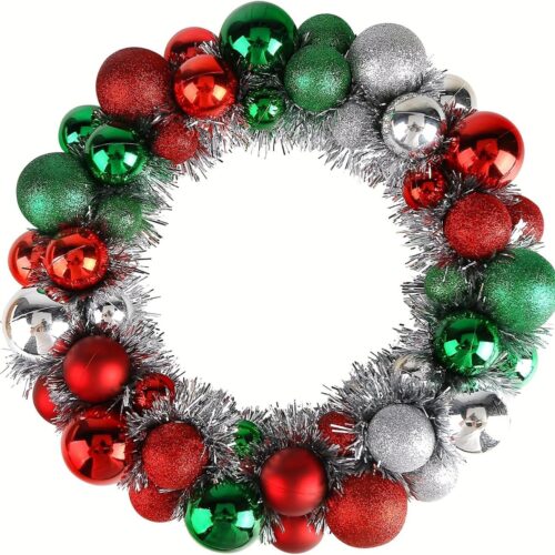 1 13in/33cm Christmas Ball Wreath Ornament, Red Green Silver Christmas Decoration