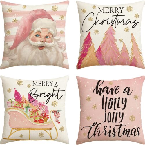 1 Pink Christmas Stripes Santa Christmas Tree Sleigh Stocking Gift Throw Pillow Covers, 18 x 18 Inch set of 4