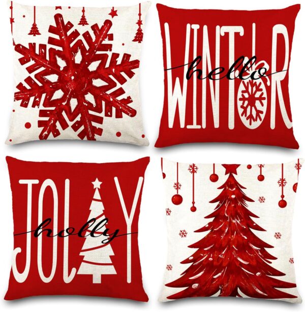 4PCS Christmas Pillow Covers 18x18 inch Winter Throw Pillow Covers Red Christmas Tree Snowflake 1
