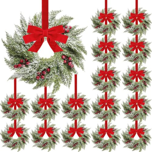 1 18 Pcs Christmas Wreath Decorations Christmas Kitchen Cabinet Wreaths with Red Ribbon