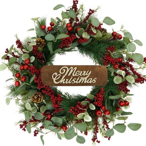 1 Christmas Leaf Wreath with Pine Needles Pine Cones and red Berries for Home Decoration