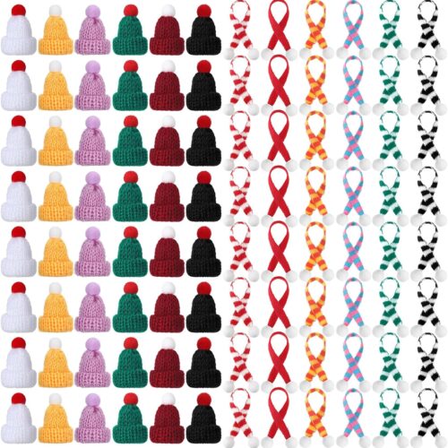 1 96 Pcs Mini Christmas Hats and Mini Scarf Set, Mini Knitting Doll Hat Scarf Santa