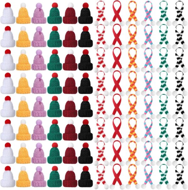 96 Pcs Mini Christmas Hats and Mini Scarf Set, Mini Knitting Doll Hat Scarf Santa 1
