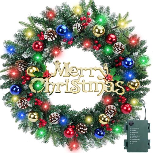 1 24 Inch Christmas Wreath with 50 LED Lights, Artificial Christmas Wreath for Front Door