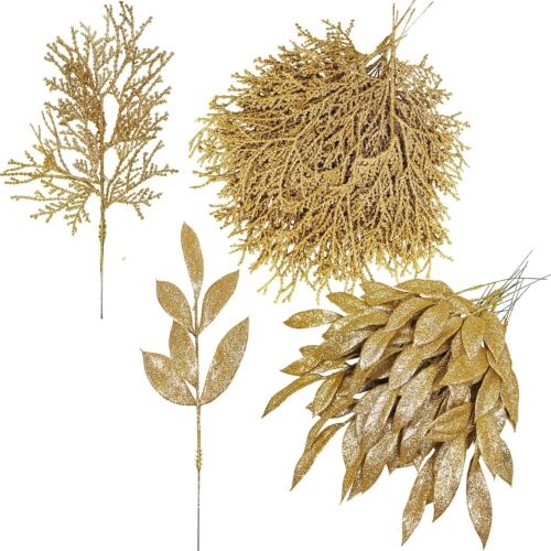 1 30 Pcs Christmas Artificial Leaf Sprays Cedar Picks Gold Glittered Christmas Tree Ornaments