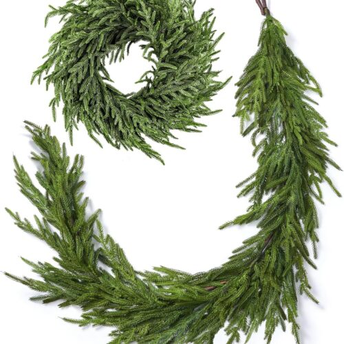1 Real Touch Norfolk Pine Christmas Garland and Wreath Set, 24IN