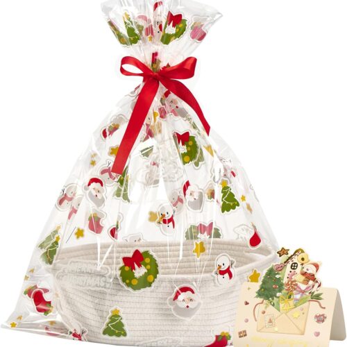 1 Small Woven Basket with Christmas Gift Bags and Ribbons, 12"x 8"x 5", White