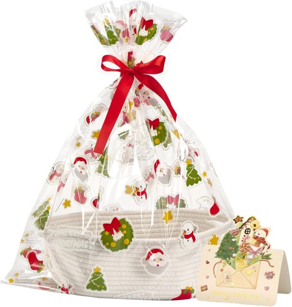 Small Woven Basket with Christmas Gift Bags and Ribbons, 12"x 8"x 5", White 1