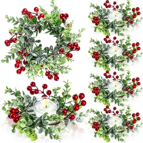 1 6 Pieces Christmas Candle Rings Wreaths Christmas Kitchen Cabinet Wreaths