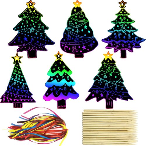 1 72Pcs Christmas Tree Scratch Paper Rainbow Color Scratch Ornaments
