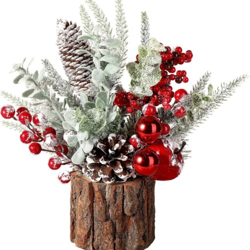 Small Tabletop Christmas Tree with Ornaments, Pine Cones, and Berries - For Home Decor